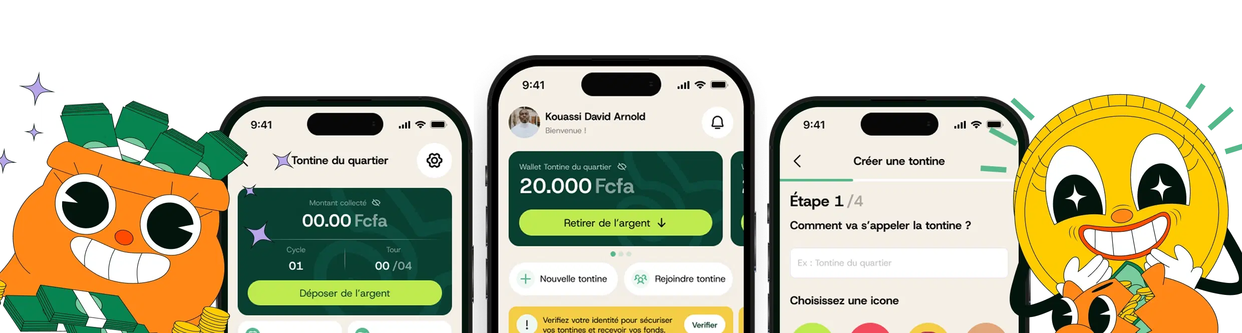 L'application Paykko sur trois écrans : une tontine, le portefeuille et la création d'une tontine
